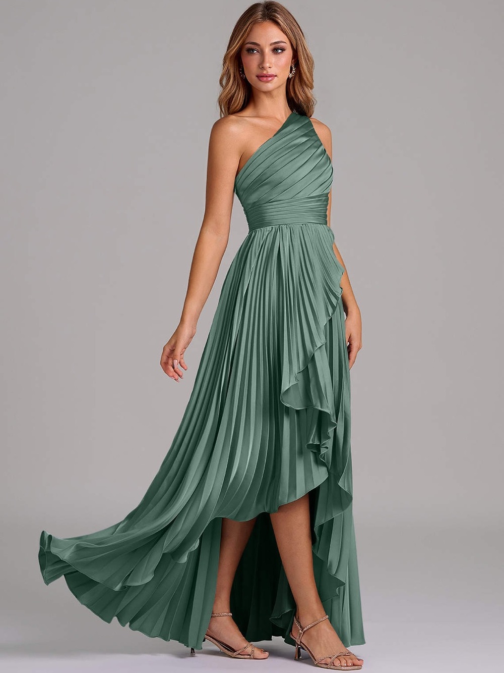Christian Siriano One-Shoulder Pleated Sage Green Gown